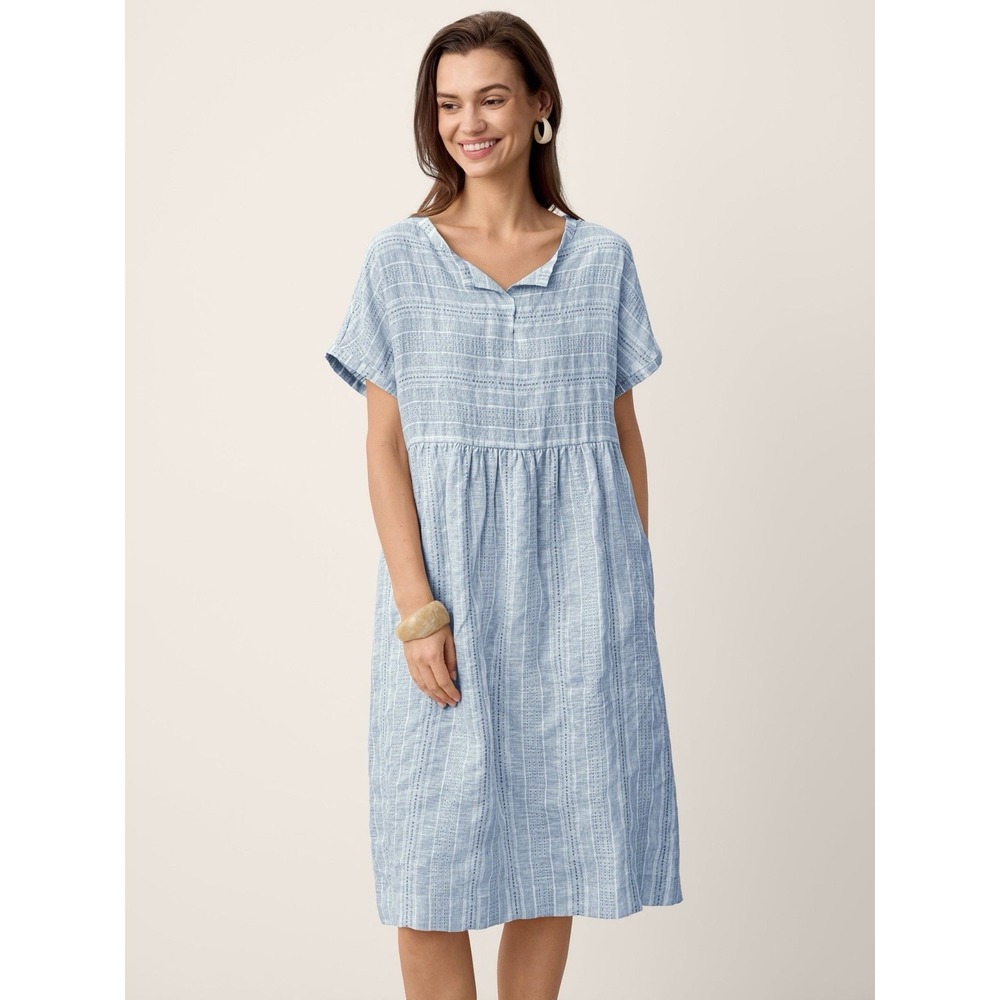 Lintico Sydney Linen Gathered-Hem Split Neck Mini Dress Sz XL Striped $110
